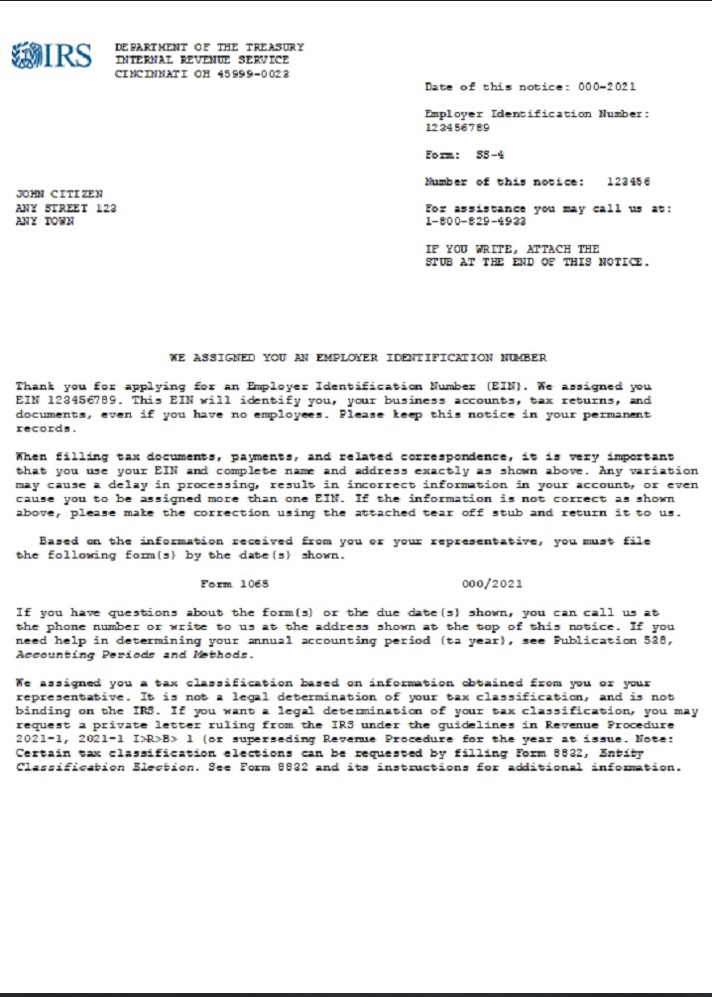 USA INTERNAL REVENUE SERVICE (IRS) Employer Identification Number (EIN) business registration